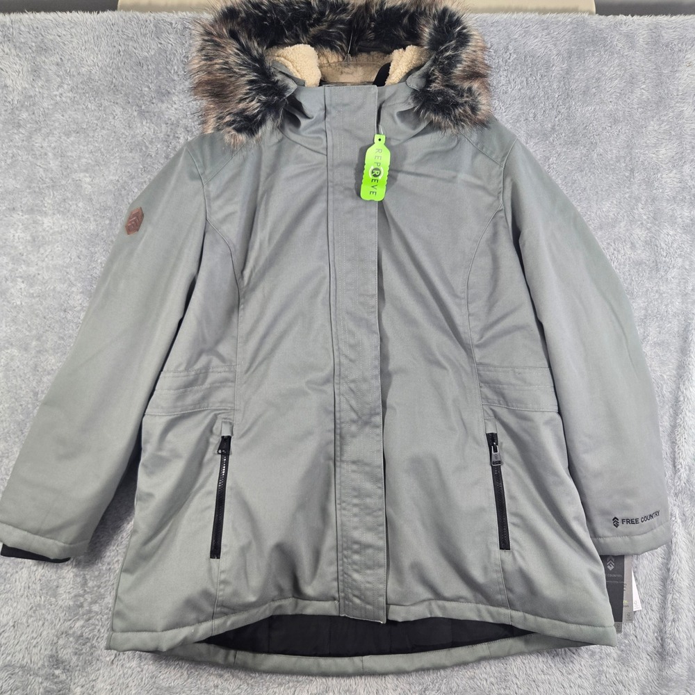 Free Country Womens Gray Heavy Winter Parka Jacket Faux Fur Hood Repreve XXL New